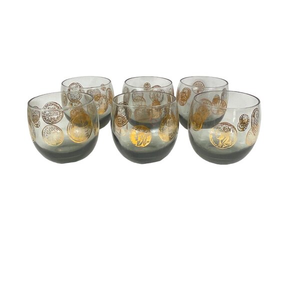 Vintage Mid-Century Lowball Glasses Set of 6 Coin Design 22K Gold Accents Smoky - Picture 6 of 10
